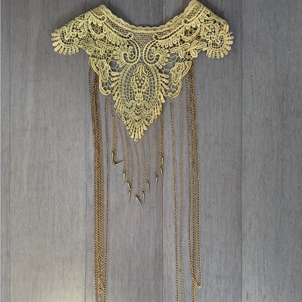 Gold Lace Statement Necklace with Fringe Chains - Picture 4 of 5
